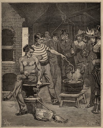 The art of glass: experience of batavic tears. Drops of molten glass are dropped into a cold water bath, which freeze in the form of tears. Engraving from 1885 in 