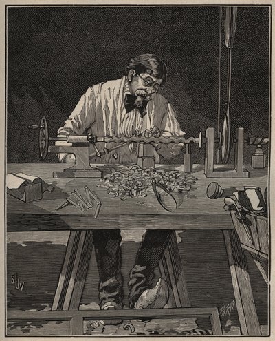 The art of lathe: faconing of a torso column. Engraving from 1885 in 