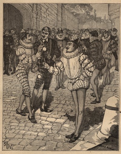The Art of Turn: The Ball. King Henry III and His Cuties Playing Bilboquet in the Street. Engraving from 1885 in 