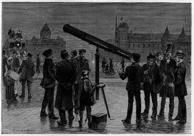 The astronomer and his astronomical bezel on the Place du Chatelet, in Paris, at the time of the observations of the planet Venus, in February 1889. Engraving in La Nature. Revue des sciences et de ses applications aux arts et a l