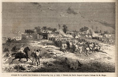The attack on Sansandig by the army of King Ahmadou (Toucouleur), where fled Bambara took refuge. Engraving to illustrate the voyage to Western Sudan of Lieutenant (Navy) M.Mage, in 1863-1866, published in Le tour du monde, nouveau journal des voyages by Unknown artist
