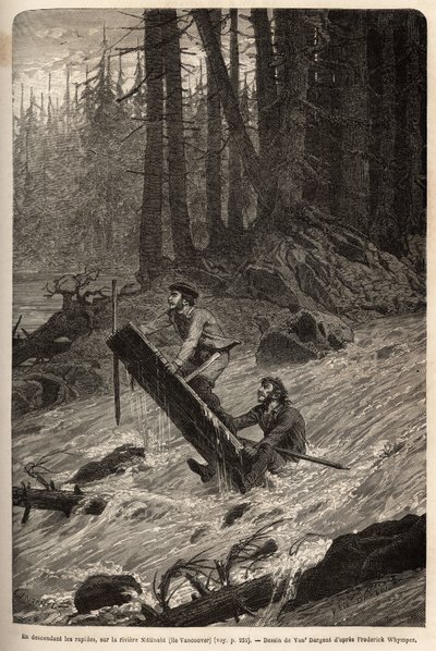 The author and his traveller, Mcdonald, descending the rapids on the Nittinaht River (Vancouver Island) on a makeshift raft. Engraving to illustrate the voyage and adventures in English Colombia, Vancouver Island and Alaska, by Frederick Whymper by Unknown artist