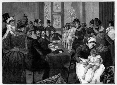 The baby contest. Mothers showing their naked children in front of the jury on Rue du Cloître Notre-Dame in Paris for the election of the most beautiful baby. Engraving in 