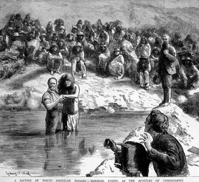 The baptism in North America of an Indian by a Mormon posing in front of the camera as the apostles of Christianity. Illustration of the 19th century by Unknown artist