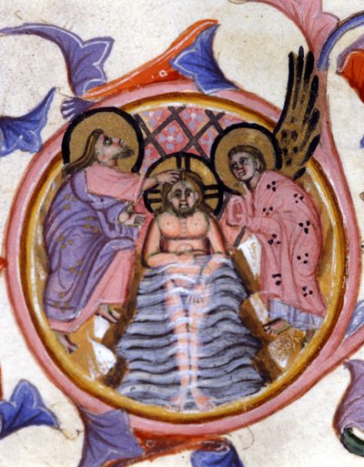 The baptism of Christ in the Jordan by Saint John the Baptist - after a miniature of a 14th century manuscript by Unknown artist