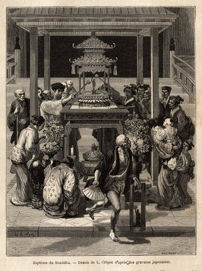 The baptism of the Buddha, an annual feast that takes place on the 8th day of the 4th month, devotees water the bronze statue of the Buddha exposed for the occasion in front of the temples. Engraving to illustrate the journey to Japan, by Aime Humbert, min by Unknown artist