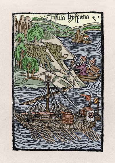 The landing at Hispaniola by Christopher Columbus. Engraving from 