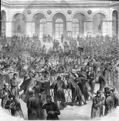 The basket of exchange agents, on the Paris Stock Exchange in 1865. Engraving after the drawing by M.G. Roux by Unknown artist