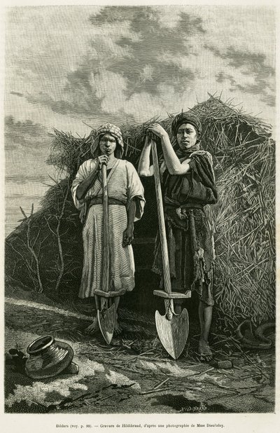 The bildars, owners of a beche, are charged with digging the drains of the wheat fields of the Karoun region. Engraving to illustrate the story La Perse, la Chaldee et la Susiane by Jane Delafoy, academy officer, in le tour du monde 1886, directed by Edoua by Unknown artist