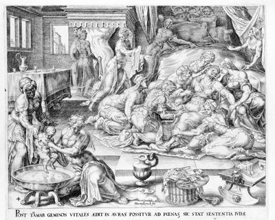 The birth of Thamar. 17th century engraving by Antonio Blocklaus by Unknown artist