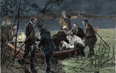 The body of Louis II of Bavaria finds drowned with Dr. Gudden in Lake Starnberg near Berg Castle in June 1886 (Engraving) by Unknown artist