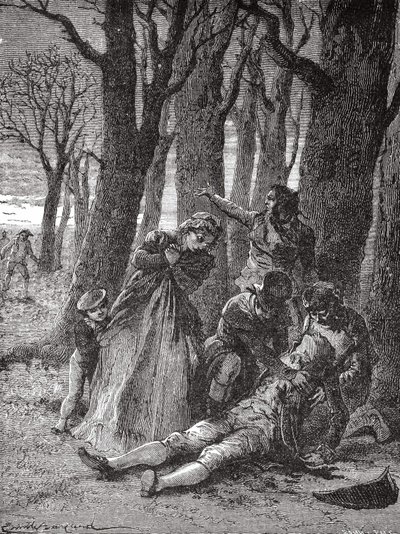 The body of Philippe Lebon, pierced with thirteen stabs at the Champs-Elysées, is raised on the morning of 3 Dec. 1804 - in Album de la Science; illustrious scientists; Grandes discoveries 1896 by Unknown artist