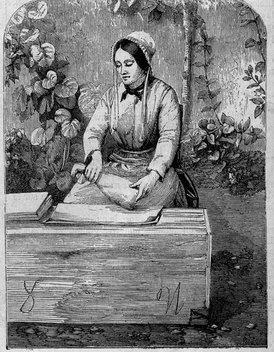 The bottling of Champagne wine. Engraving from 1864 by Unknown artist