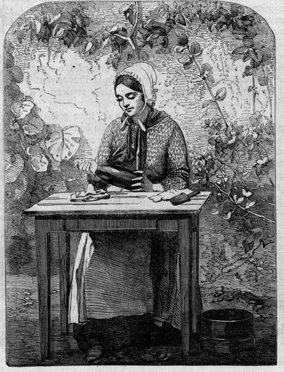 The bottling of Champagne wine. Engraving from 1864 by Unknown artist