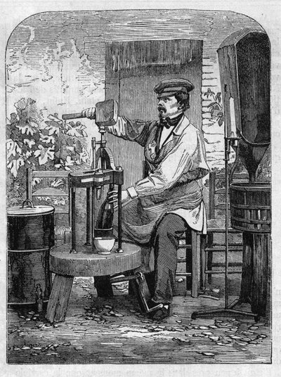 The bottling of Champagne wine. Engraving from 1864 by Unknown artist
