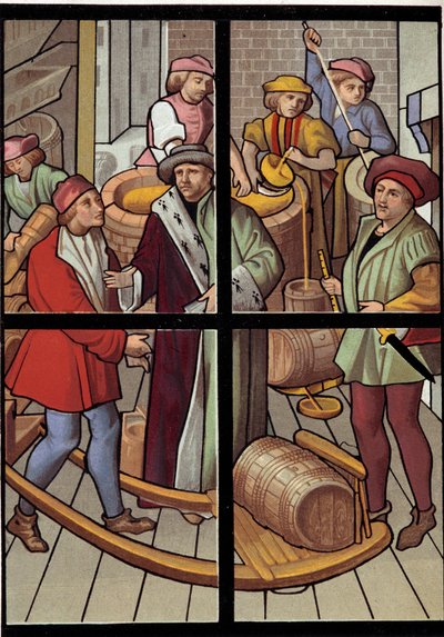 The Brewers. Lithograph from a stained glass window of the cathedral of Tournai (15th century). 19th century. Paris, Decorative Arts by Unknown artist
