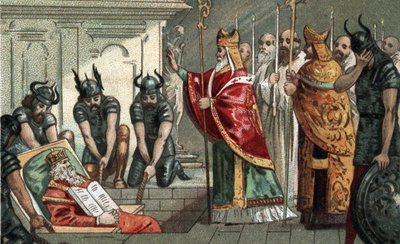 The burial of Charlemagne in 814 in the cathedral of Aachen in Germany. Chromolithography of the late 19th century. by Unknown artist