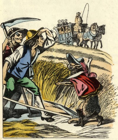 The cat forces the peasants to say that the field in which they mow the wheat belongs to the Marquis de Carabas. Illustration of the tale 