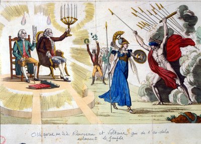 The century of the Lumieres: philosophers Jean Jacques Rousseau and Voltaire, from the past, illuminate the people - allegory by Unknown artist