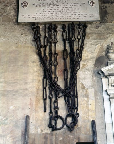The chains that closed the port of Pisa. They were taken by the Genoese during the victory of Meloria against Corsica in 1284 and then given to Florence and returned to the city of Pisa in 1858. Pisa Camposanto by Unknown artist