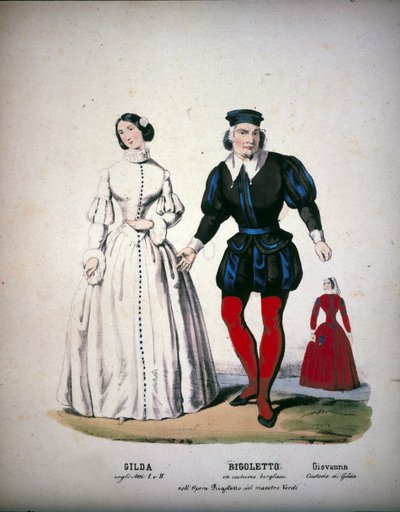 The characters of Gilda, Rigoletto and Giovanna in Act III of the opera 