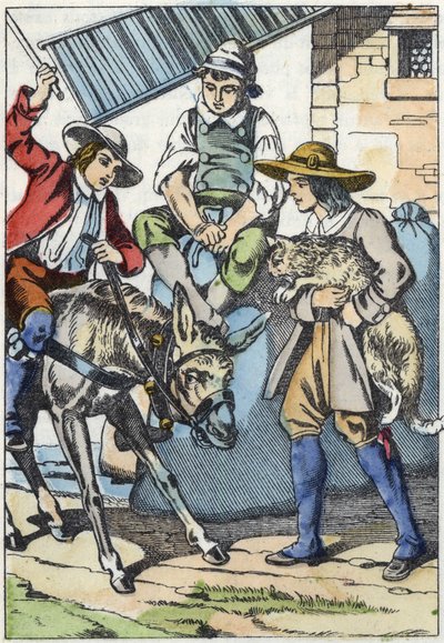 The children of the handler, who just died, share his property: donkey, mill and cat. Illustration of the tale 