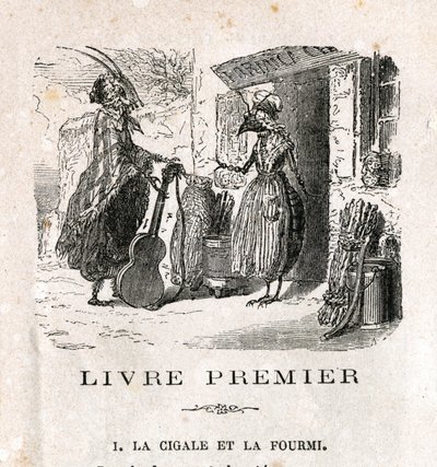 The cicada and the ant. Fable by La Fontaine. 19th century engraving by Unknown artist