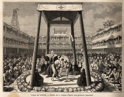 The circus of wrestlers, who wait for their turn to fight, takes place in the arena under the wooden cage; all around, the crowd of spectators and betters watch the fights with passion. Engraving to illustrate the journey to Japan, by Aime Humbert, ministe by Unknown artist