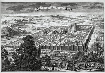 The city walls of Babylon surrounding the hanging gardens and the tower of Babel by Unknown artist