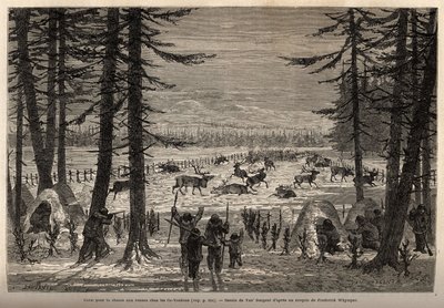 The coral for reindeer hunting in the Co-Yukon (co-Yukon or co-Youkouk) (Indian tribe of extreme northern Canada). Engraving to illustrate the voyage and adventures in English Colombia, Vancouver Island and Alaska, by Frederick Whymper by Unknown artist