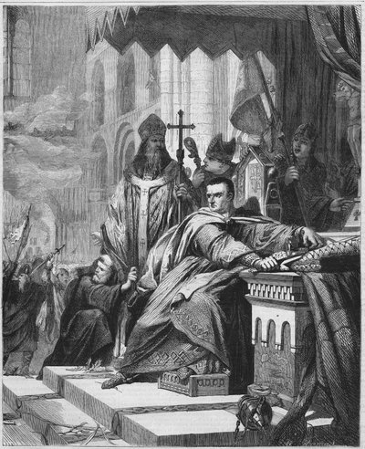 The coronation of William I the Conqueror (1027 to 1087) in 1066. Duke of Normandy (1035 - 1087) and King of England (1066 - 1087). Engraving of the 19th century by Unknown artist