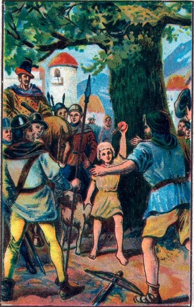 The crossbow. William Tell (legendary hero of Swiss independence). Chromolithography of the late 19th century. by Unknown artist