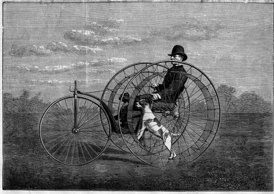 The Cynofere: Velocipede Driven by Dogs. Invention of the Late 19th Century. Engraving in 