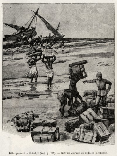 The debarkage at Chimbye of the Peters expedition. Engraving to illustrate the story Au secours d