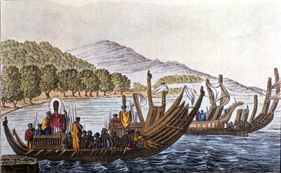 The department of Polynesians for the Pacific aboard double-hull canoes. Lithograph from the beginning of the 19th century by Unknown artist