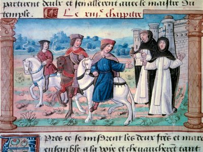 The departures of brothers Nicolo and Matteo Polo, father and uncle of young Marco Polo with the young man around 1271. Miniature taken from The Book of Wonders (Devisement du monde, Il Milione) by Marco Polo by Unknown artist