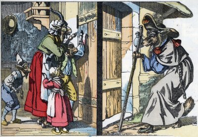 The Disguised Wolf Knocks on the Door. Illustration of 