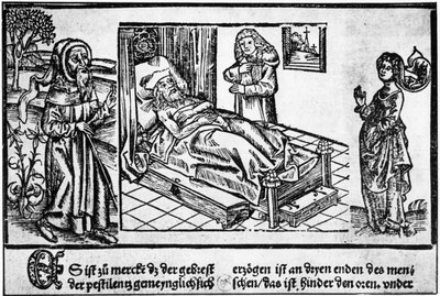 The doctor in bed of the pestiferé, wood engraving of the 
