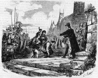 The Dukes of Bourbon, Alençon and Dauphiné Ask for Forgiveness from the King of France Charles VII (1440). Engraving of the 19th Century. by Unknown artist