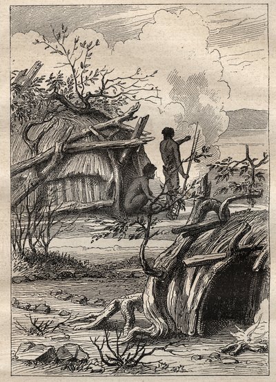 The expedition around the world by Captain Etienne Marchand: indigenous cabins of the land of Enddacht (Australia) - illustration taken from The Great Mariners of the 18th century by Unknown artist