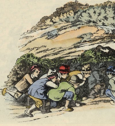 The brothers of Little Thumb hide in a hollow rock to escape the ogre. Illustration of the tale 