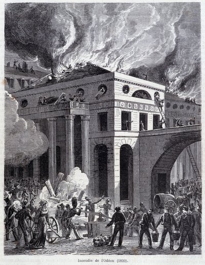 The fire of the Odeon (1820) (engraving, late 19th century) by Unknown artist