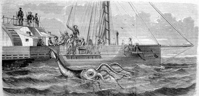 The first giant squid captured in 1861 by the French corvette Alecton. As the crew hoisted him aboard, he broke in half and disappeared to the bottom of the sea. Engraving from the end of the 19th century. by Unknown artist