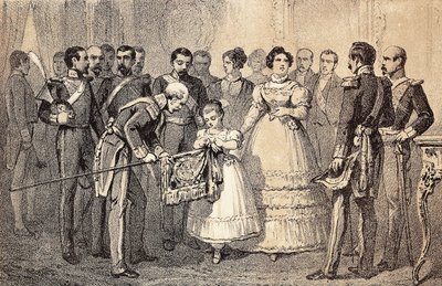 The future Queen of Spain Isabella II decorating the flag of the Spears of the Guard of the Order of Saint Ferdinand by Unknown artist
