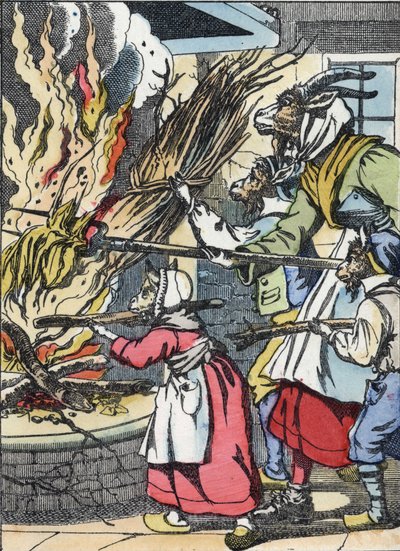 The goat and the trinkets set fire to the chimney. Illustration of the tale 