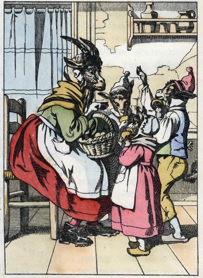 The goat is out of the market, listening to the history of the biquets. Illustration of the tale 