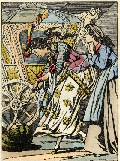 The good fairy turns the pumpkin into a carriage before Cinderella