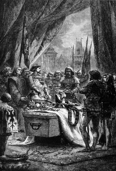The governor placed the keys of Chateauneuf de Randon on the coffin of Bertrand Du Guesclin, a Breton man of war and a French patriot against the English. Engraving of the 19th century by Unknown artist