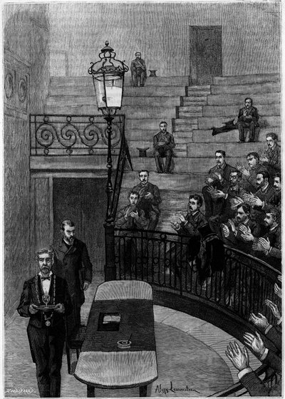 The grand amphitheater of the Faculty of Medicine of the Latin Quarter in Paris. Engraving in the journal 