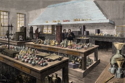 The great laboratory of Louis Pasteur (1822-1895), French chemist and biologist, at the Ecole normale superieure - Louis Pasteur in his laboratory at the Ecole normale superieure - Engraving by Meyer 1884 by Unknown artist